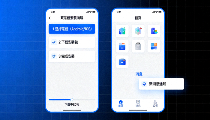 移动端双系统安装界面与手机app演示图